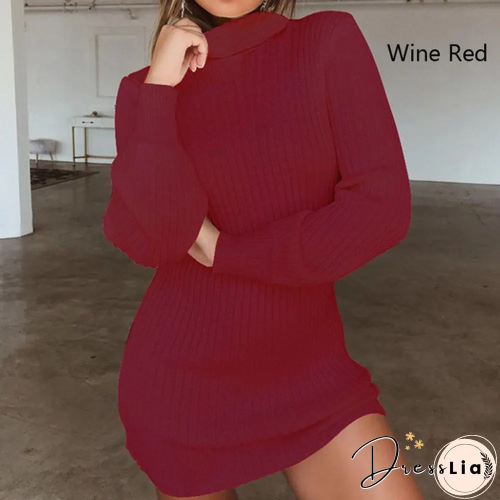 Women Autumn and Winter Long Sleeve Knitted Sweater Dress Ladies Fashion Keep Warm Knitting High Collar Slim Fit Bottoming Mini Knitting Dress