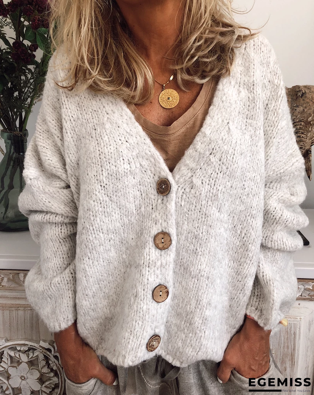 Casual Cotton-Blend V Neck Cardigan-Outerwear | EGEMISS