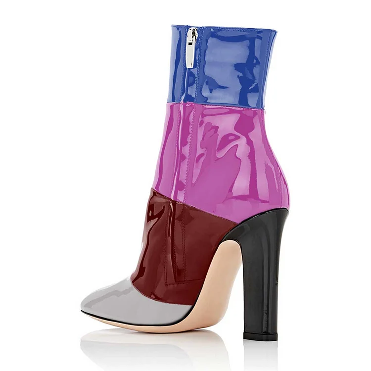 Multicolor Patent Leather Chunky Heel Short Boots Vdcoo
