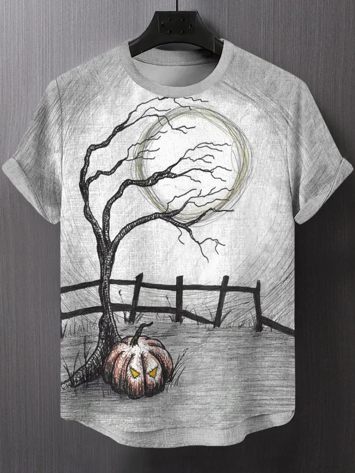 Men's Withered Tree Pumpkin Halloween Print Casual T-Shirt