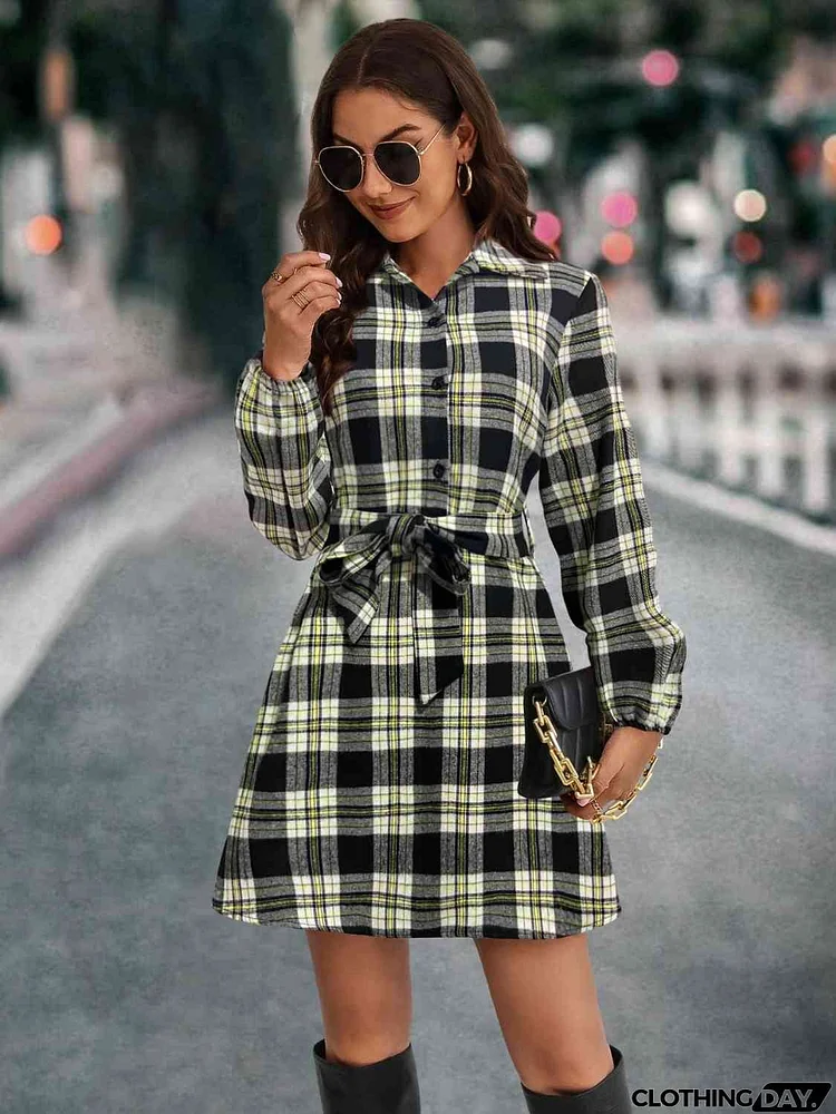 Plaid Tie Front Collared Neck Long Sleeve Dress