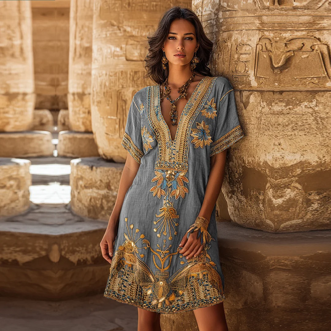 Women's Vintage Egyptian Floral Embroidery Art Casual V Neck  Linen Dress
