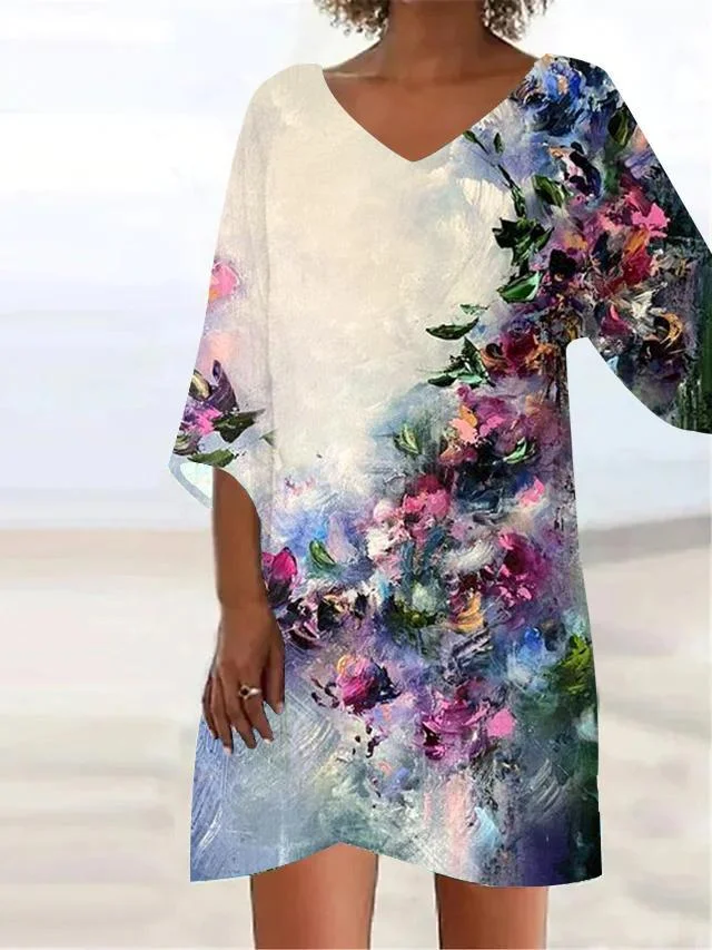 Women's  vintage floral print  Asymmetric  loose casual dress