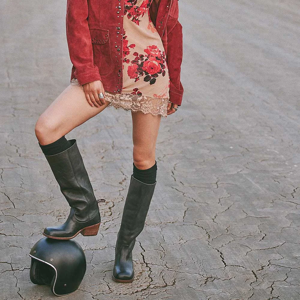 Black Square Toe Studded Mid Block Heel Long Boots for Women