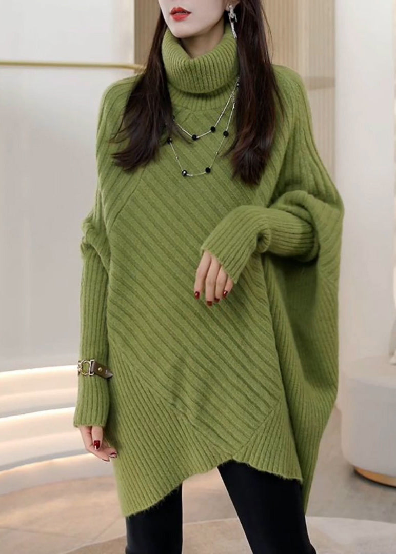 VCSHOES Green Hign Neck Asymmetrical Patchwork Knit Pullover Batwing Sleeve