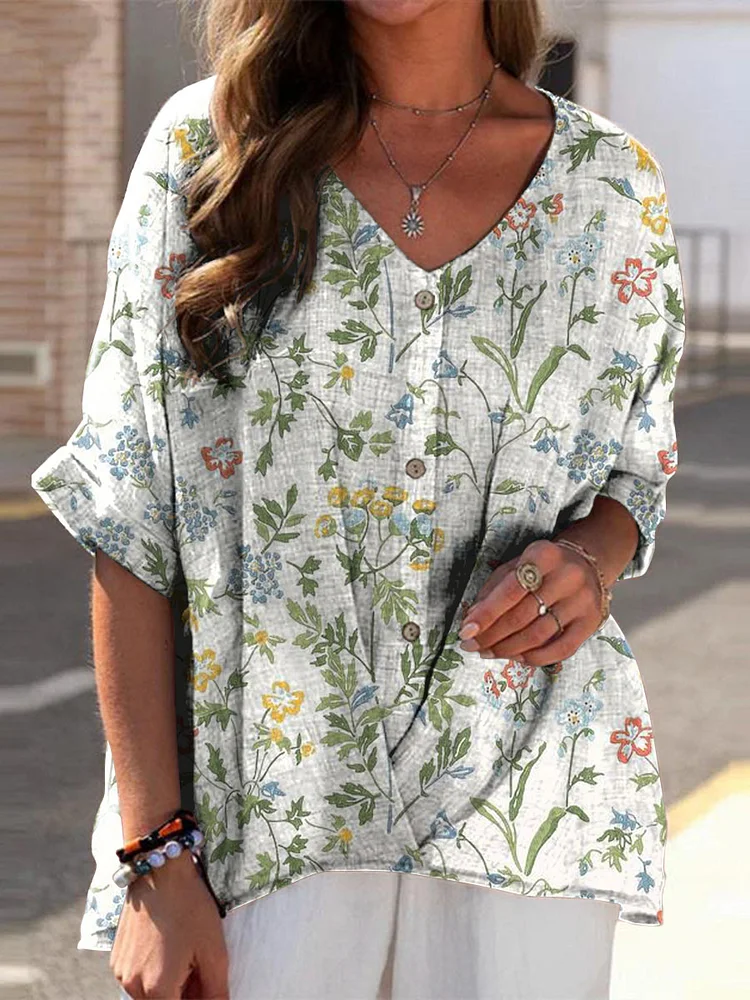 Women's Vintage Floral Art Print Casual Linen V-neck Shirt