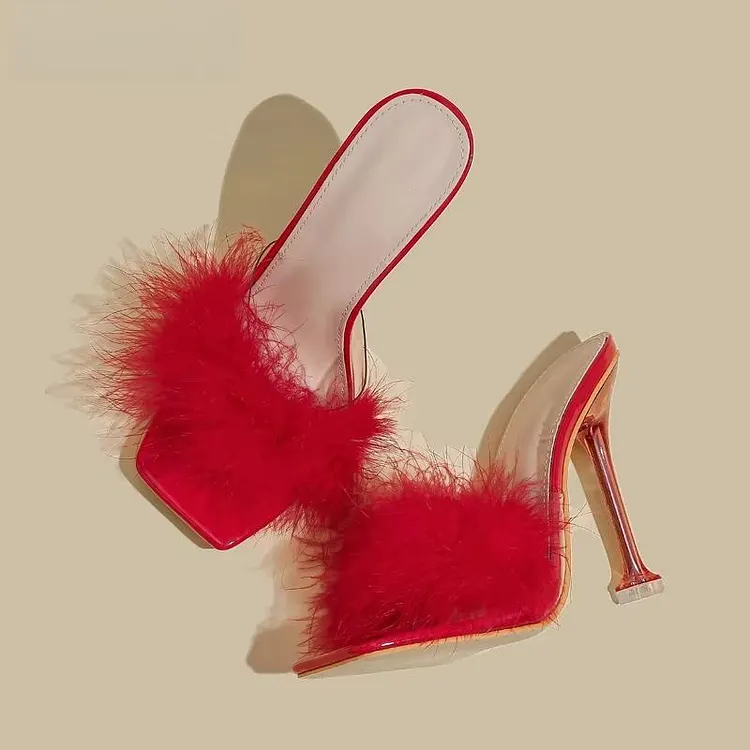 Feather Transparent High Heel PVC Shoes Slippers for Women with Fur Pumps