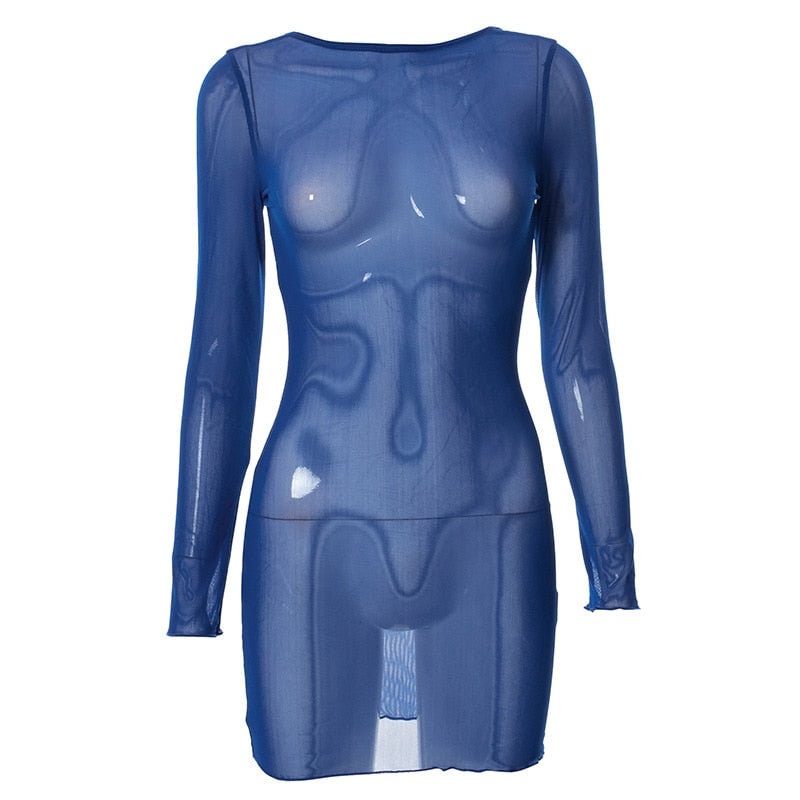 BOOFEENAA Sexy Blue Sheer Mesh Dress 2022 Fashion Outfits Woman Beach Cover-ups Lace Up Open Back Long Sleeve Mini Dress C85BC10