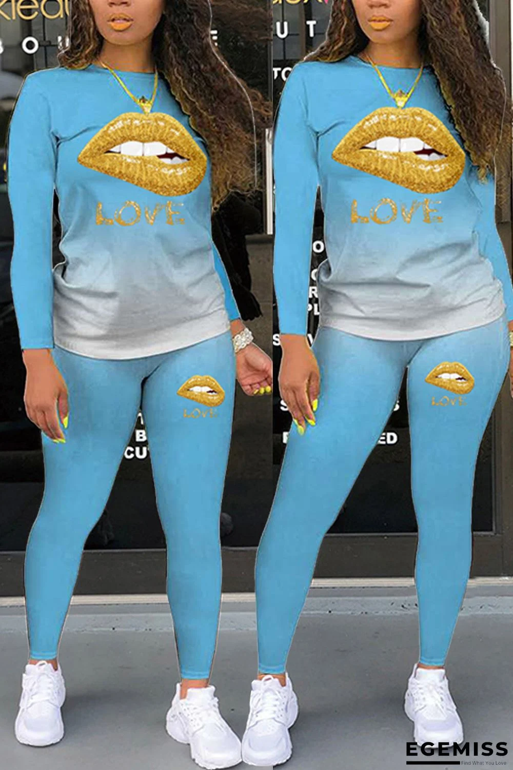 Sky Blue Fashion Casual Gradual Change Lips Printed Letter O Neck Long Sleeve Two Pieces | EGEMISS