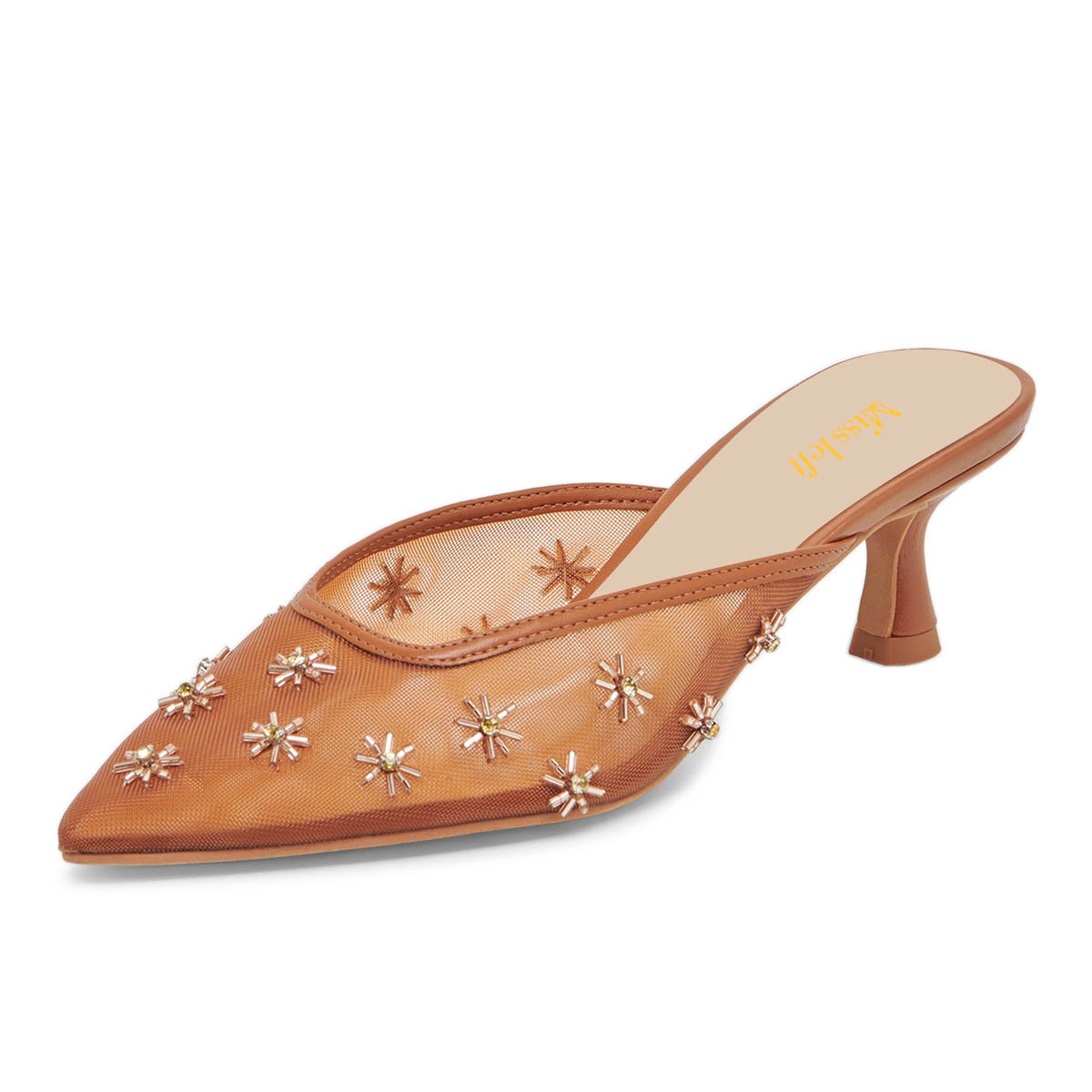Brown Closed Toe Rhinestoned Flower Kitten Heel Mules for Women Nicepairs