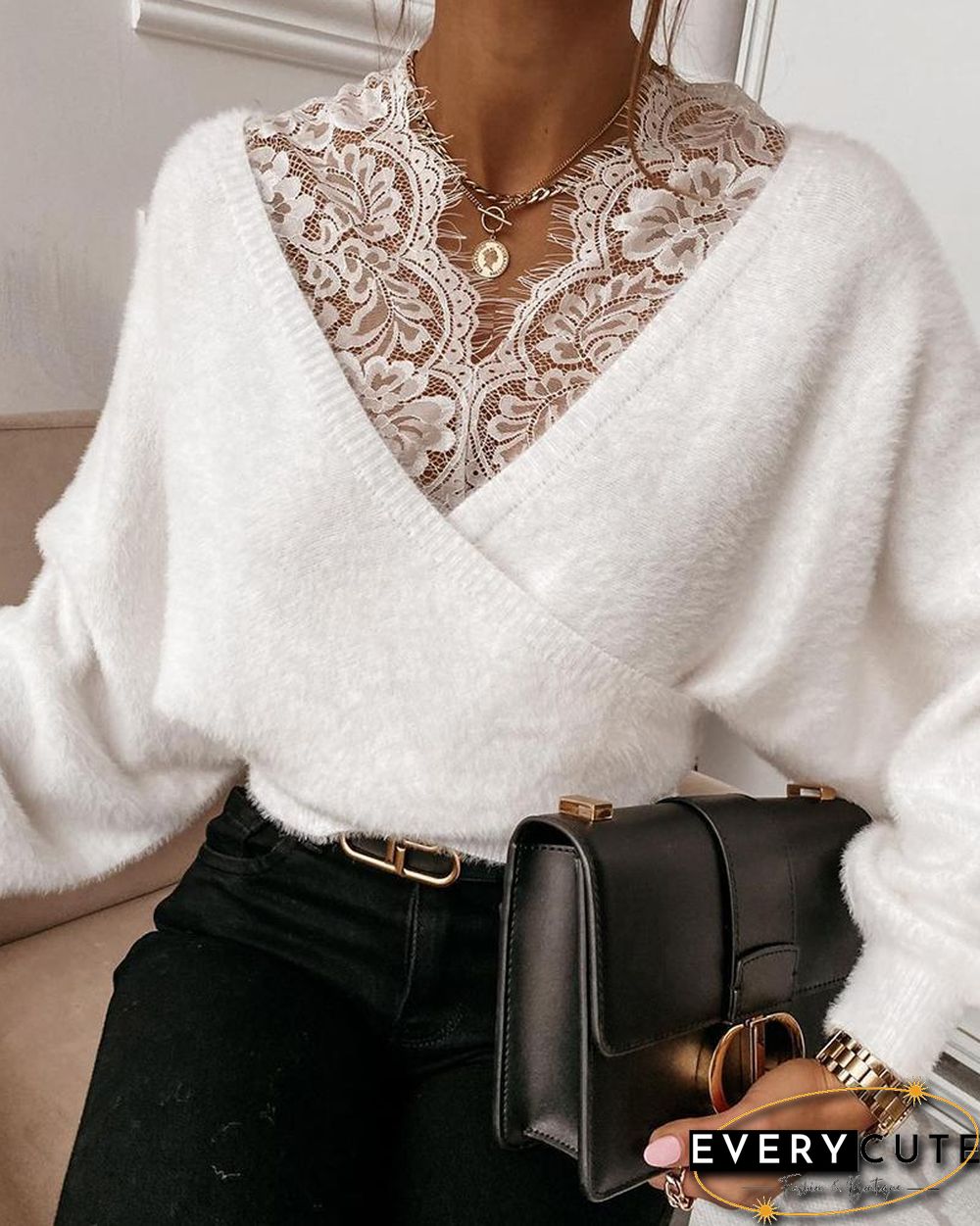 Stitching Lace Solid Color Long Sleeve Top P15487