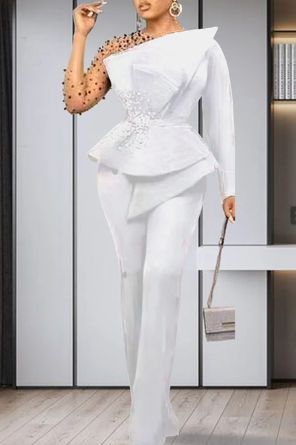 Elegant Mesh Long Sleeve Stitching Beaded A-Line Top Slim Pant Suits