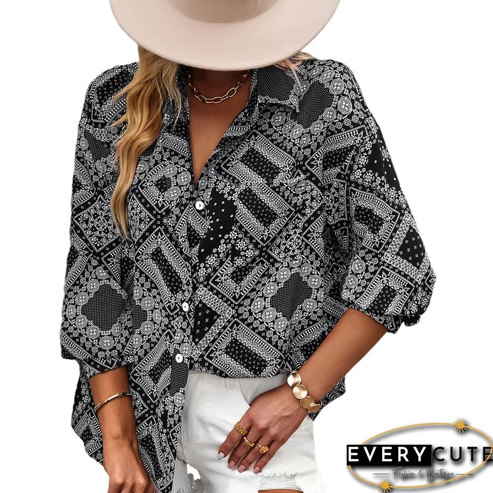 Black Digital Print Button Pocket Shirt