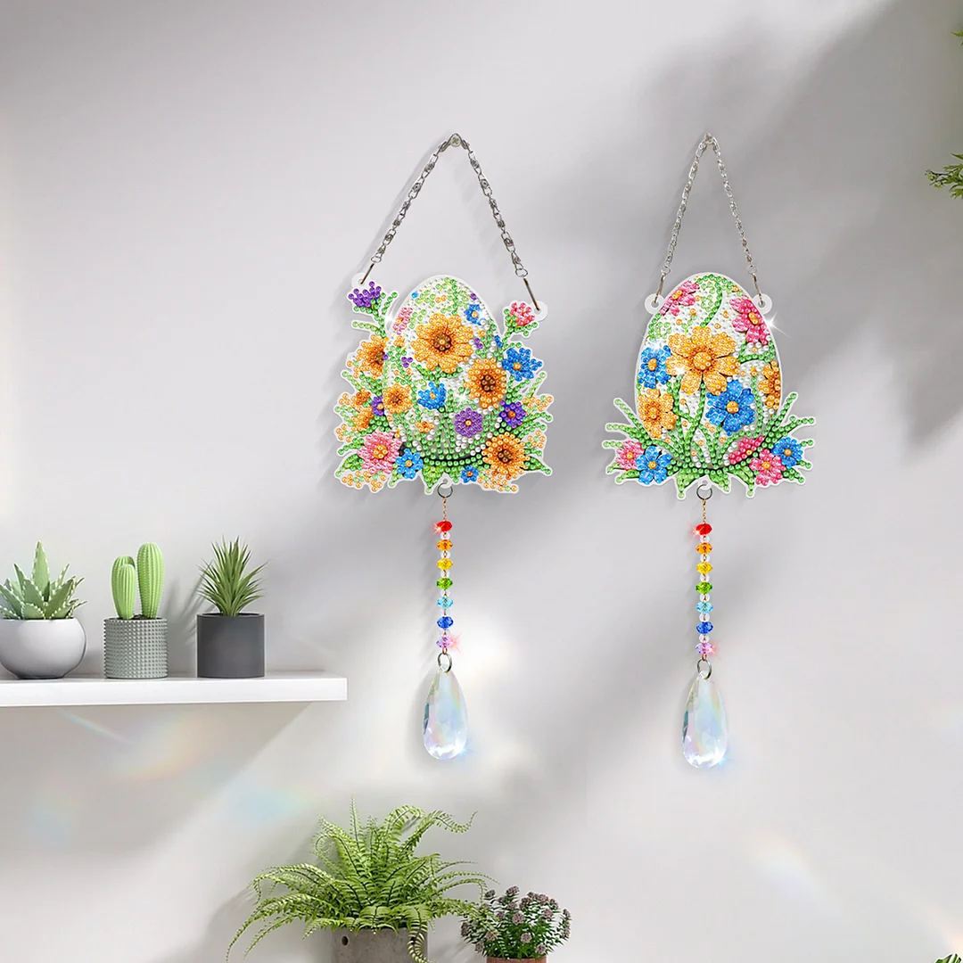 2Pcs Flower Easter Egg DIY Acrylic Diamond Painting Art Wind Chimes with Crystal Pendant Diamond Art Hanging Pendant Double-Sided for Adults Beginners Gift Home Garden Decor