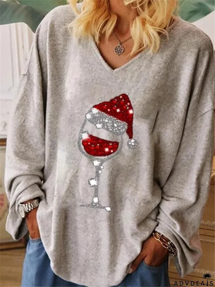 Oversized Christmas Themed Wine Glass Printed Pullover Shirt