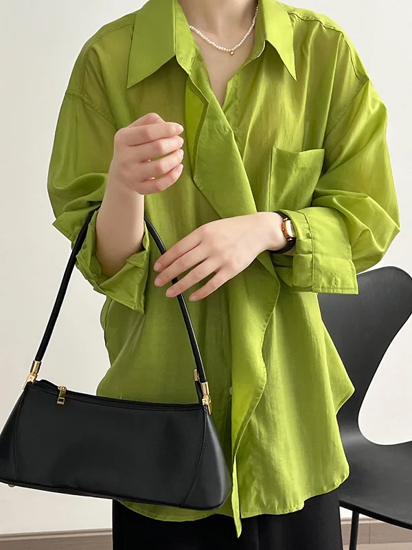 Asymmetrical Hemline Solid Color Lapel Blouse with Long Sleeves