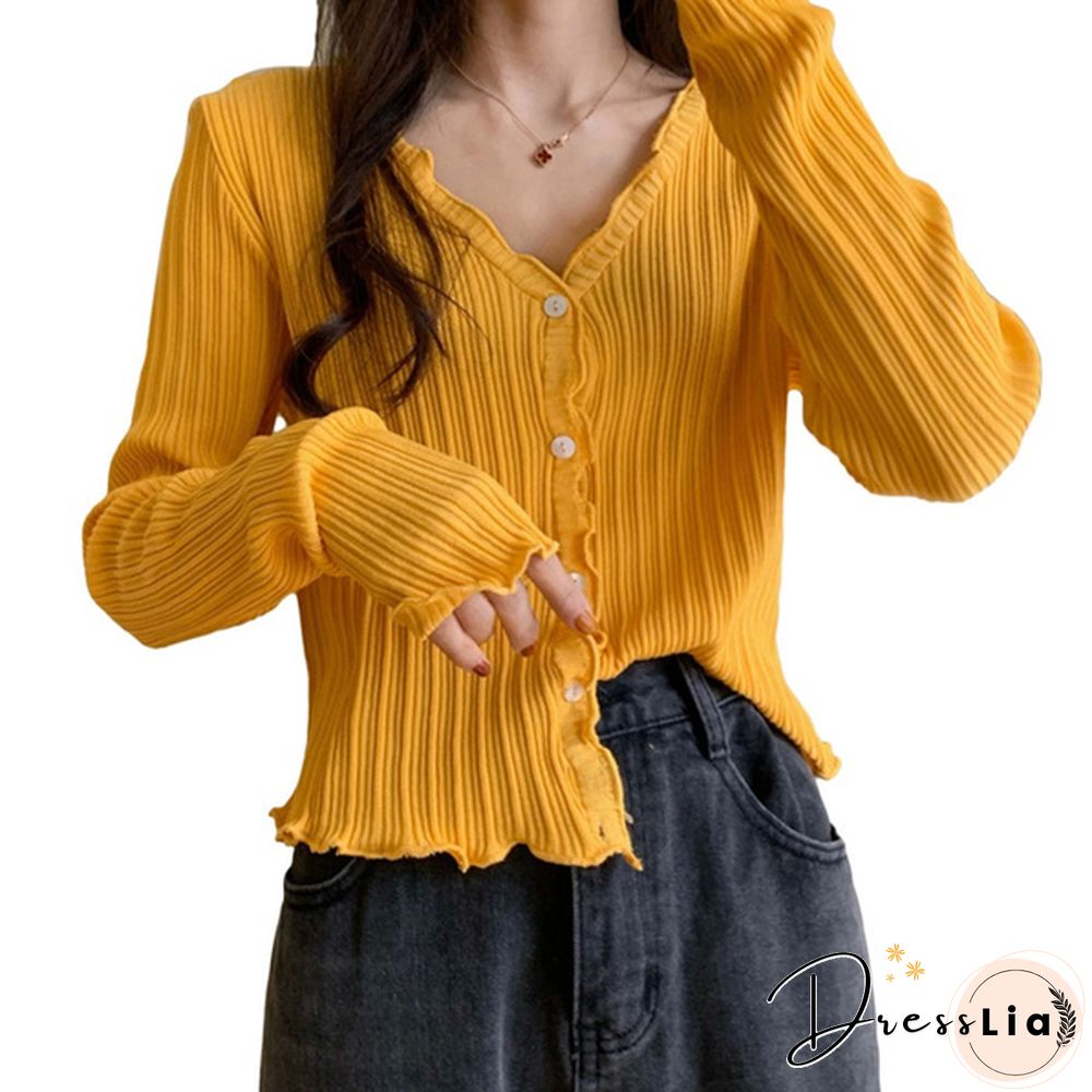 Women's V-neck Long-sleeved Thin Cardigan Short Loose Lazy Top Spring and Autumn