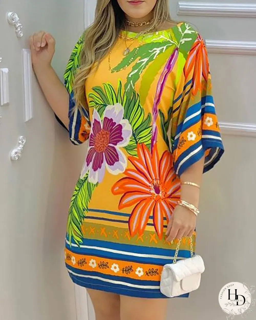 Summer Women's Mini Tropical Print Half Sleeve Casual Dress Round Neck Chic