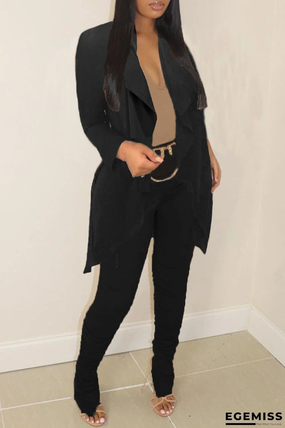 Black Fashion Casual Solid Cardigan Pants Turndown Collar Long Sleeve Two Pieces | EGEMISS