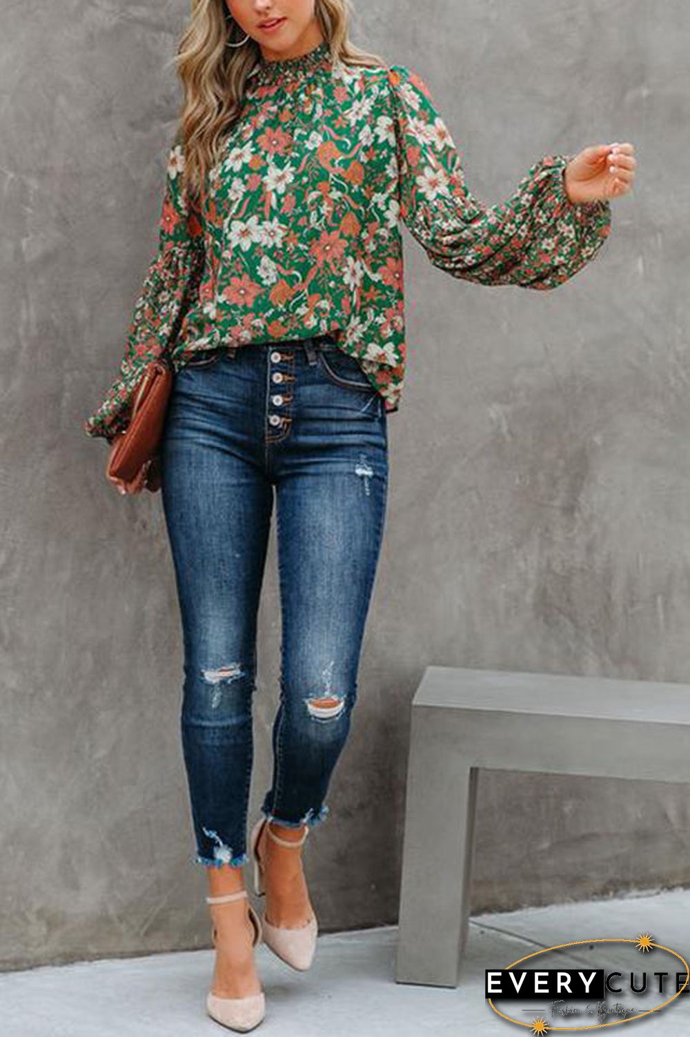 Floral Balloon Sleeve Blouse