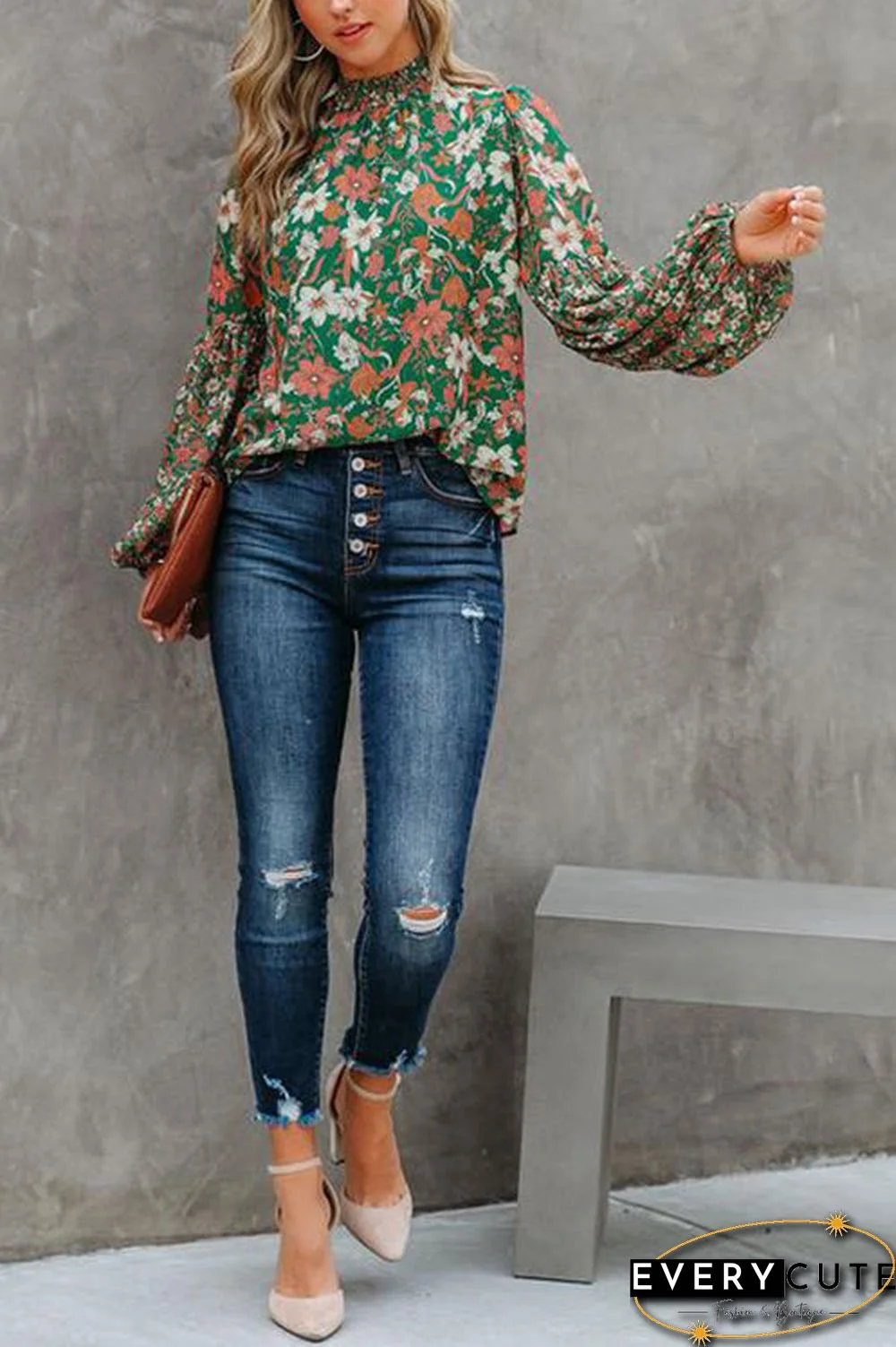 Floral Balloon Sleeve Blouse