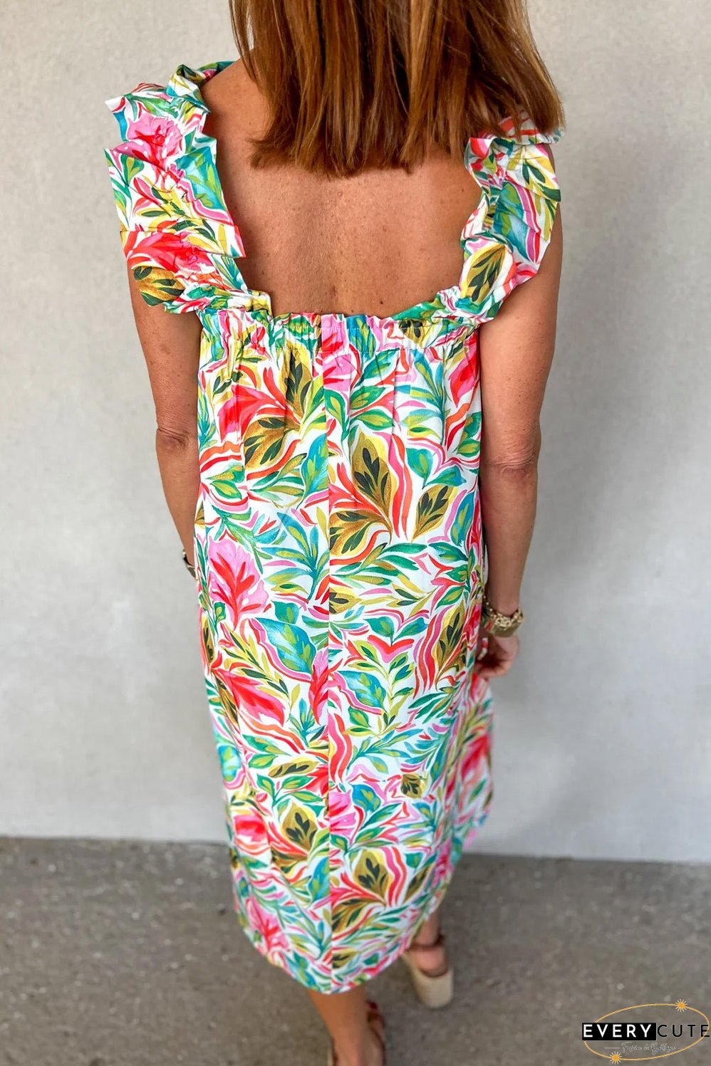 White Floral Print Ruffled Sleeveless Midi Dress