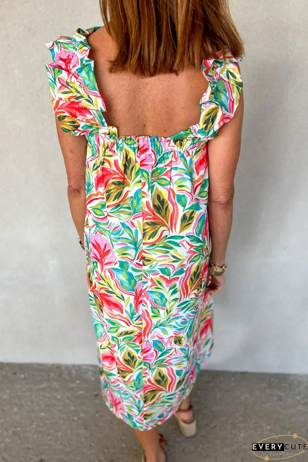 White Floral Print Ruffled Sleeveless Midi Dress
