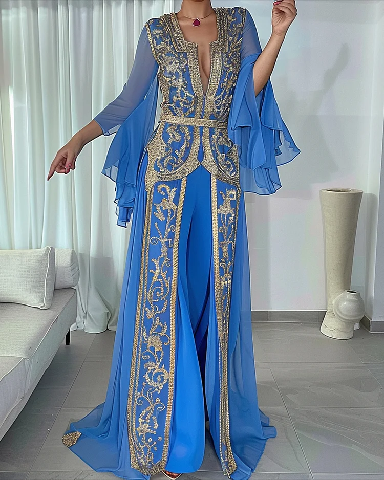 Women's V-neck embroidered Moroccan Dress