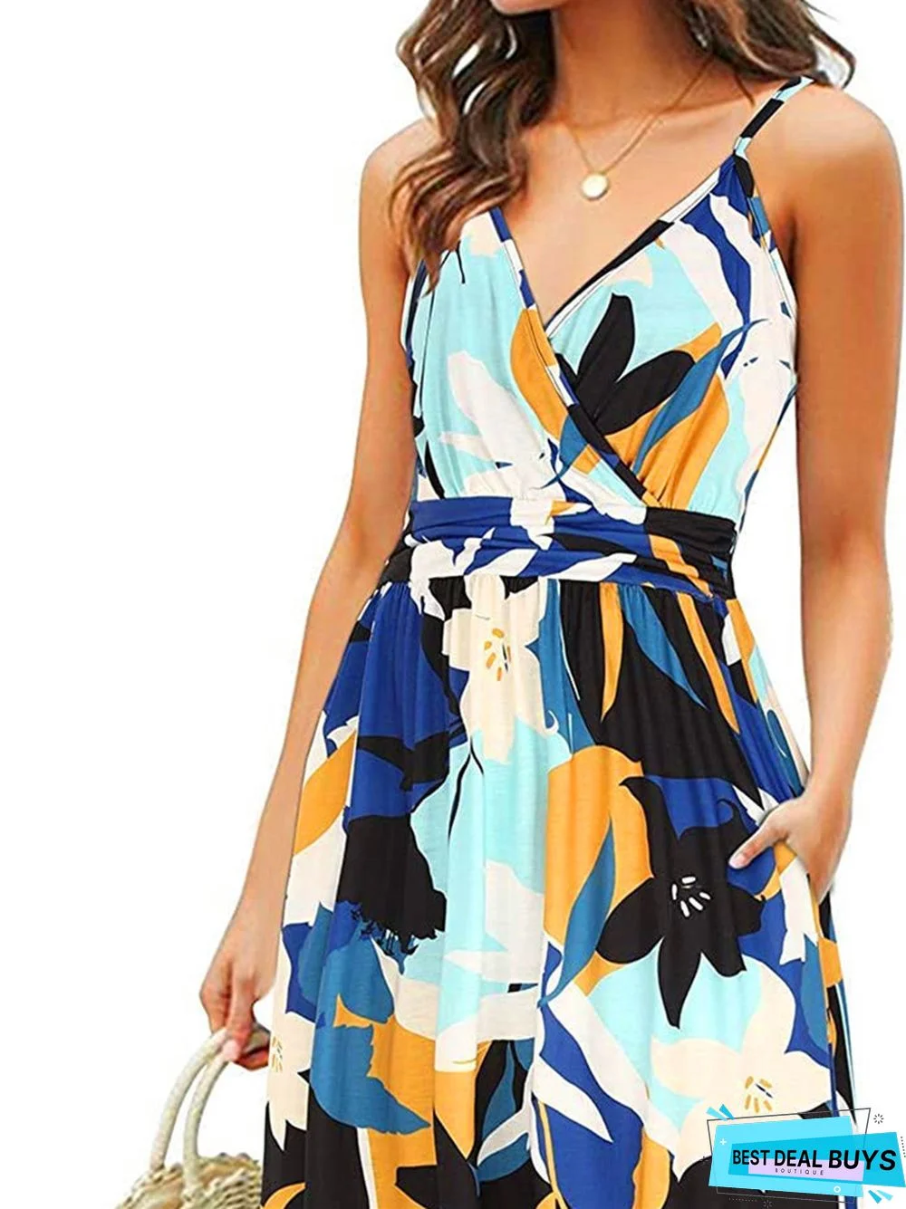 Printed Beach Skirt Loose Pocket Suspender Dress