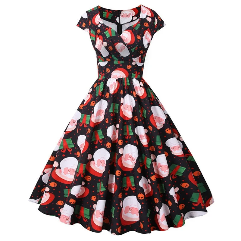 White Print Vintage Christmas Dress Women Winter Big Swing Elegant Short Sleeve V Neck Sexy New Year Party Sundress
