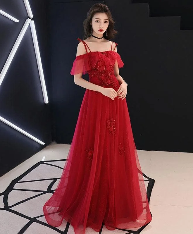 Red Tulle Lace Long Prom Dress Red Lace Formal Dress