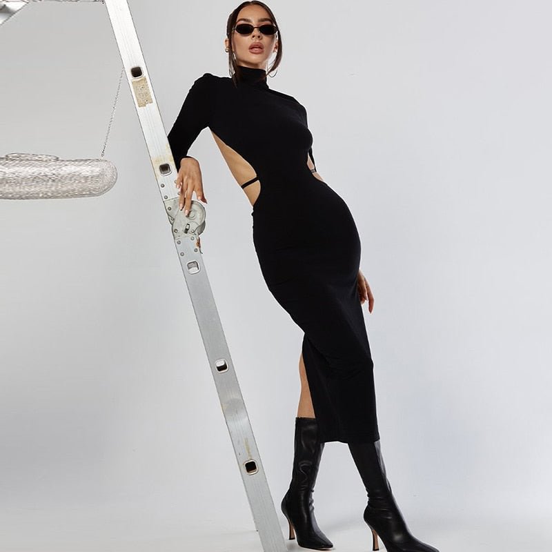 Sexy Women Backless Midi Dress Turtleneck Long Sleeve Elegant Slim Dresses 2022 Autumn Black Casual Basic Bodycon Robe