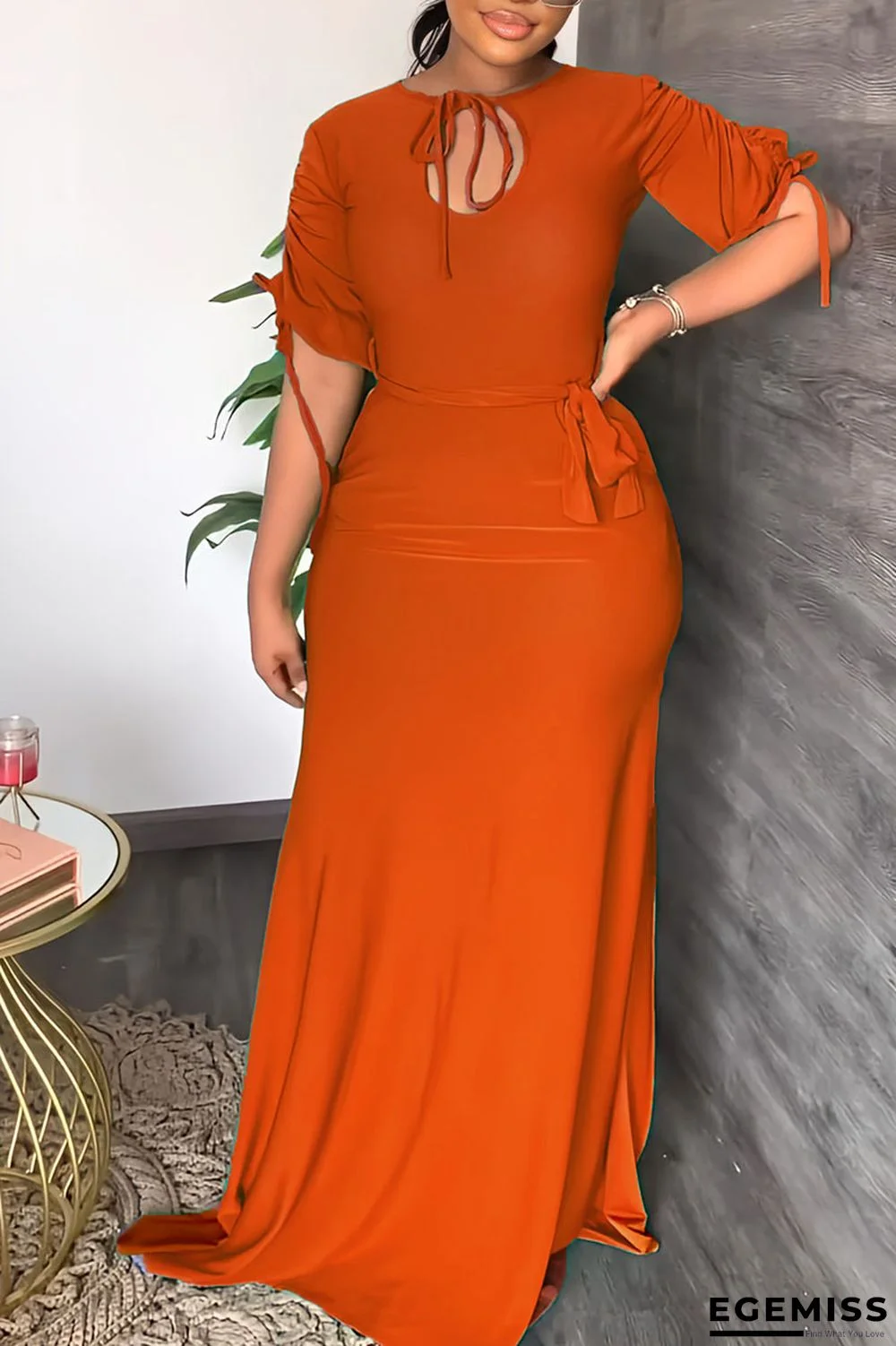 Tangerine Red Casual Solid Bandage Patchwork O Neck Straight Dresses | EGEMISS