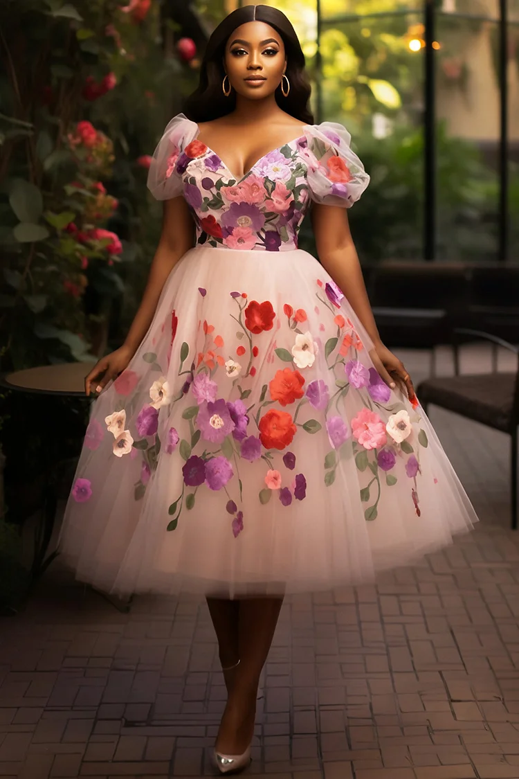 Xpluswear Design Plus Size Wedding Guest Pink Floral V Neck Puff Sleeve Short Sleeve Tulle Midi Dresses
