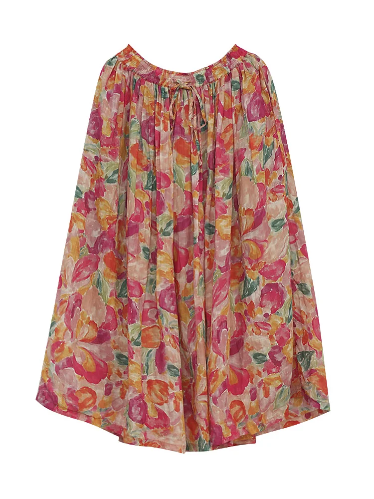 Plus Size Women Summer Artsy Flower Drwastring Ramie Skirt