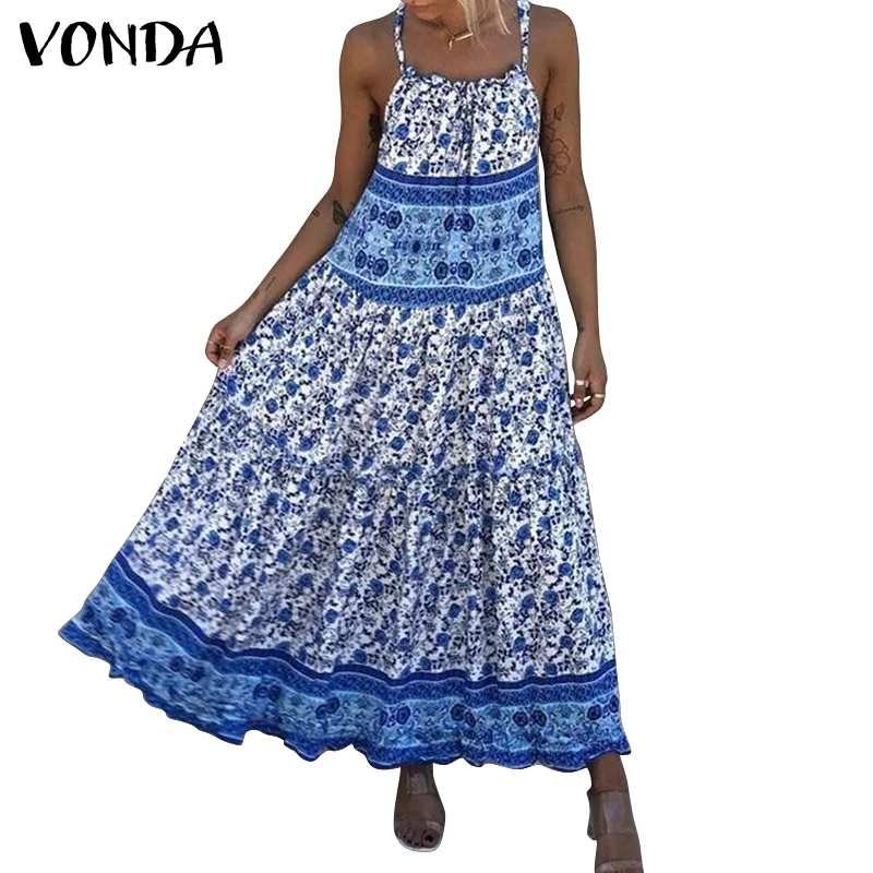 Women Summer Sundress Bohemian Floral Print Dress 2022 VONDA Pleated Party Maxi Long Dress Casual Loose Vestidos