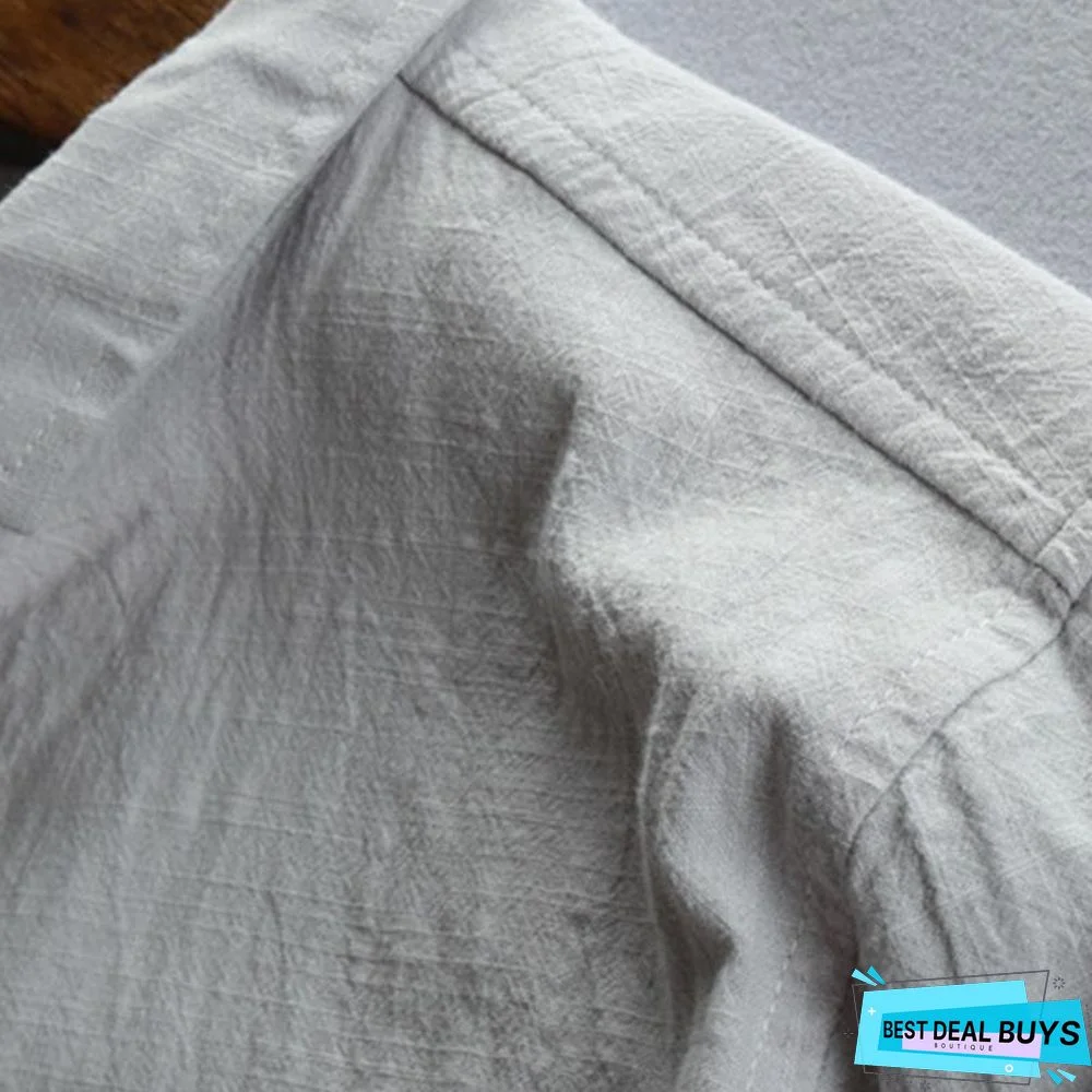 Men Spring/Fall 3/4 Sleeve Loose Turndown Collar Shirts Linen