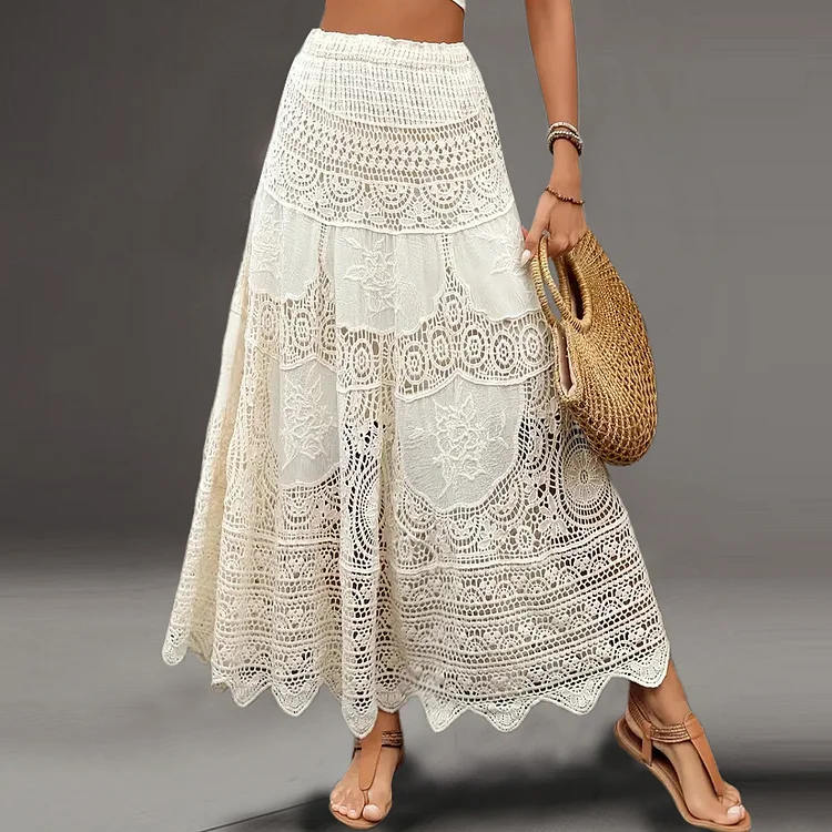 Vacation Cotton Hollow Guipure Lace Midi Skirt