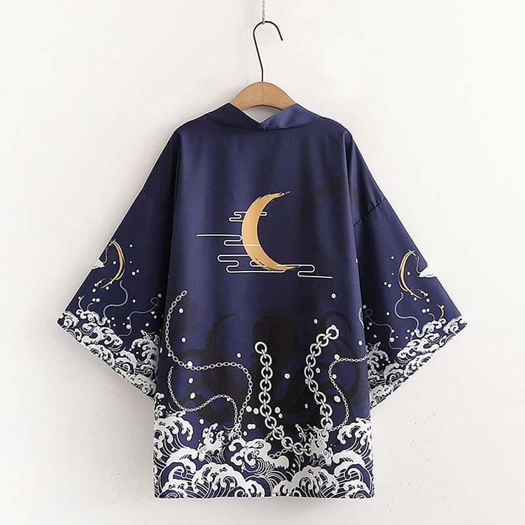 Moon Snake Carp Print Kimono Outerwear Sun Protective - Modakawa Modakawa