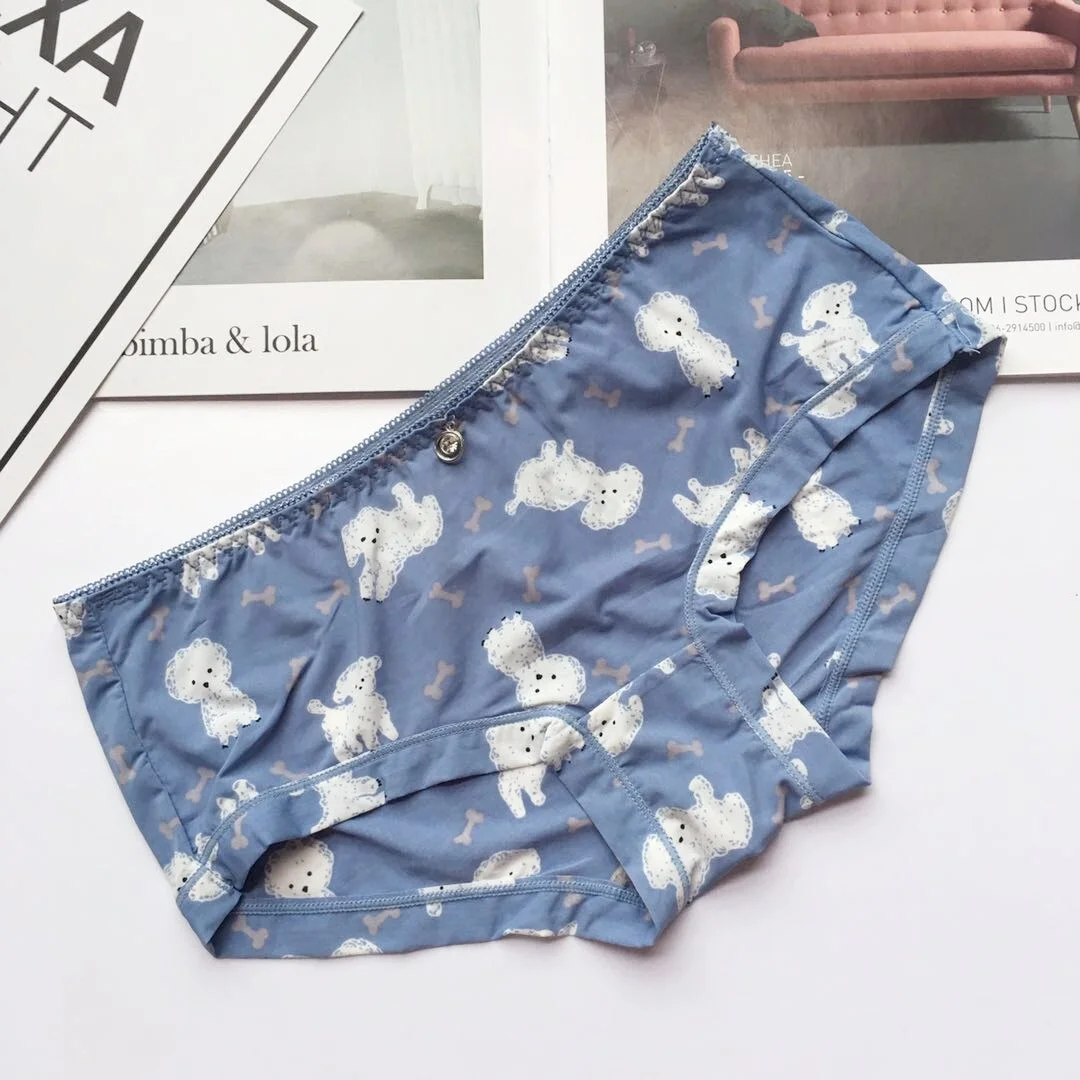 Billionm Colors Ice Silk Printing Cute Students Low Waist Cartoon Plaid Women's New Underwear Lolita Fruit Animal Fashion Panties Bow