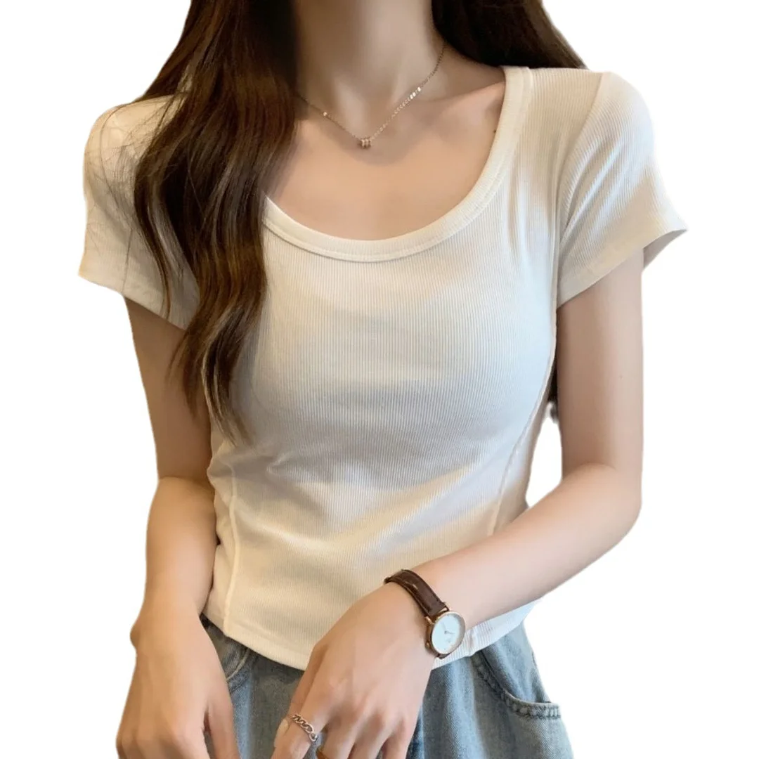 Uveng Uveng U Collar Short-Sleeved T-Shirt Women 2023 Summer New Korean Version Slim High Waist Short Style Students Pure Color Jacket Tide