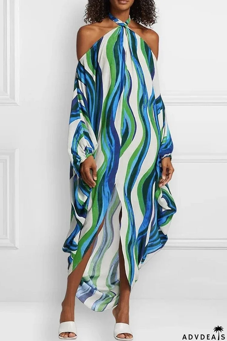 Sexy Vacation Striped Contrast Halter Irregular Dress Dresses