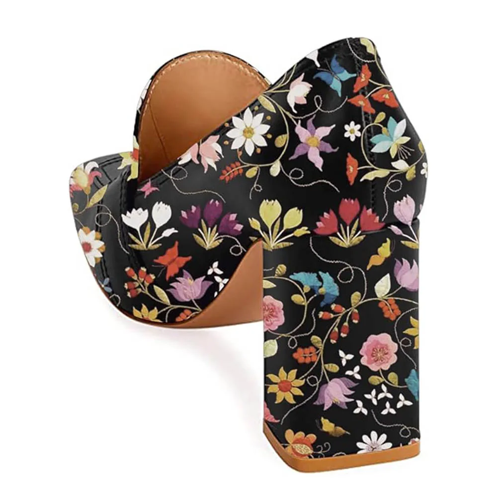Multicolor Floral Print Chunky Heel Buckle Square Toe Women's Loafers