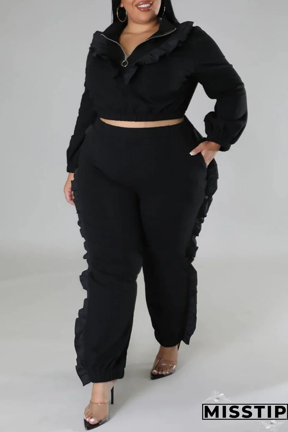 Black Casual Solid Patchwork Zipper Collar Plus Size Two Pieces