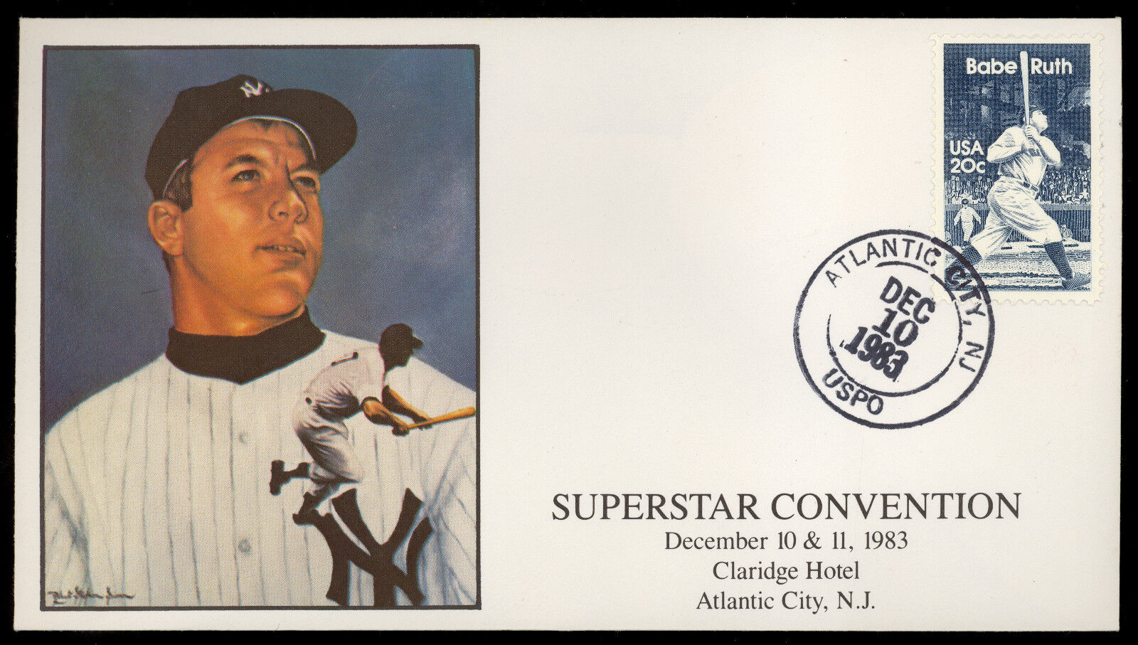 Mickey Mantle SUPERSTAR CONVENTION envelop stamp Dec 10 1983 USPO Babe Ruth Stmp