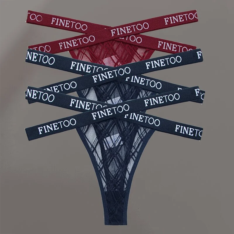 FINETOO 3PCS/Set Women's Letter Lace Mesh G-string Sexy Cross Strap Panties Midi Waist Underwear Thongs Femme Hollow Out Panties
