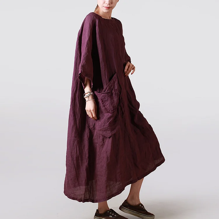 Vintage Loose Linen Solid Color Midi Dress