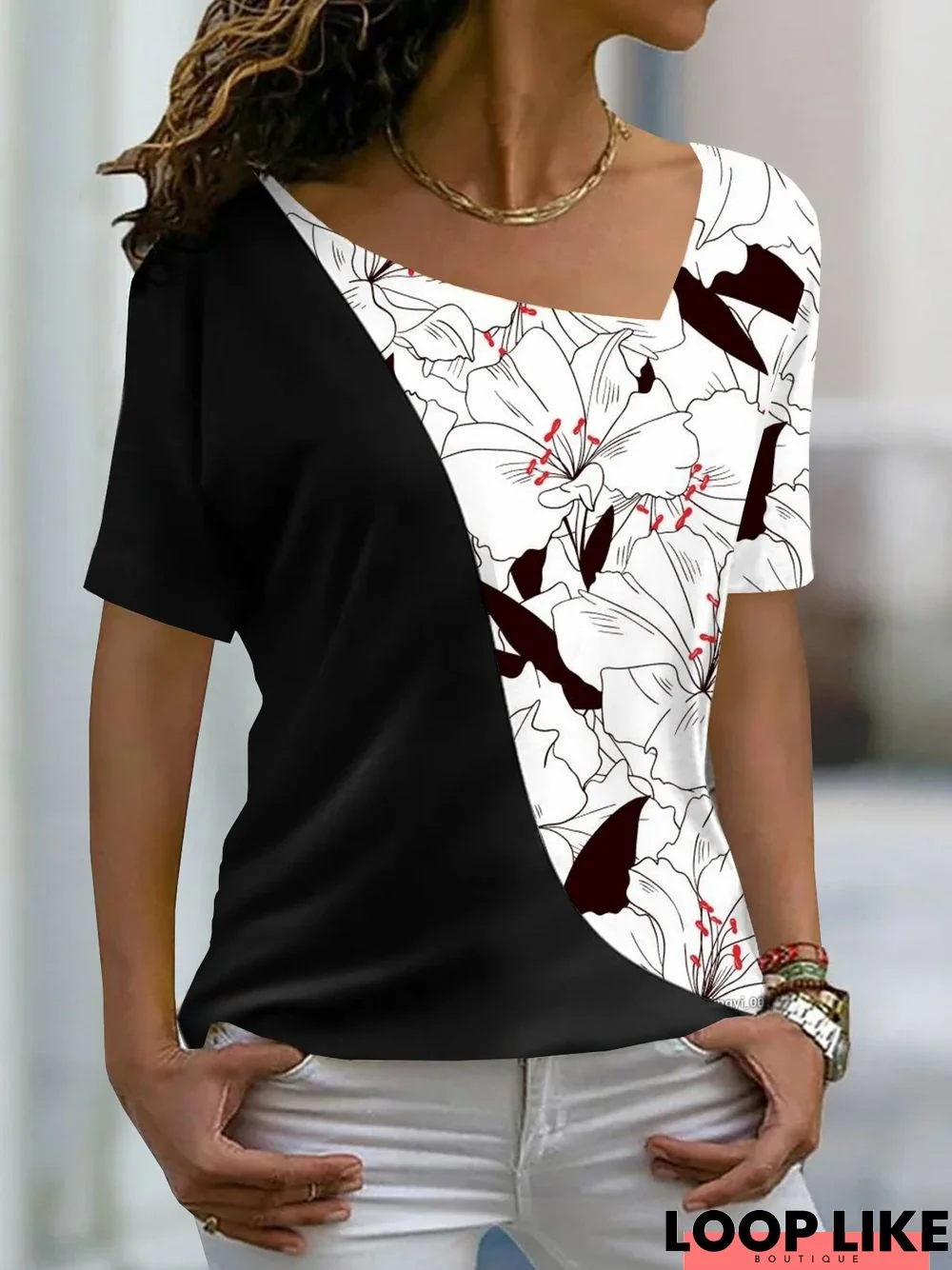 Vacation Floral Color Block Printed  Casual Loosen Asymmetrical Neck Short Sleeve T-Shirt