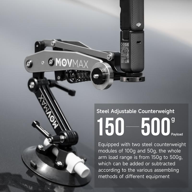 Product Introduction of MOVMAX Blade Arm Car accessories Camera Phone Suction Mount Camera Shock Mount  for phone camerasfor DJI Pocket 3. Insta 360. and GoPro 4