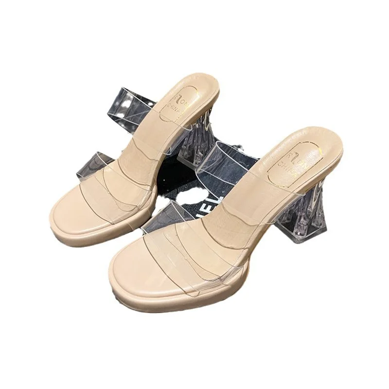 Breakj Breakj On The Thick Background Waterproof Table Transparent Word With High-Heeled Slippers Women Summer Wearing Crystal And Coarse And Cold Slippers